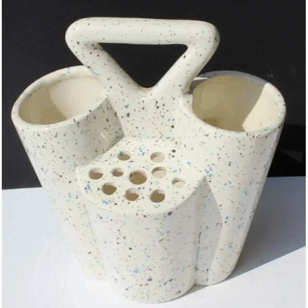 Vintage MCM 1980s Bud Vase Utensil Holder Glazed Splatter Ware 4 Sided White